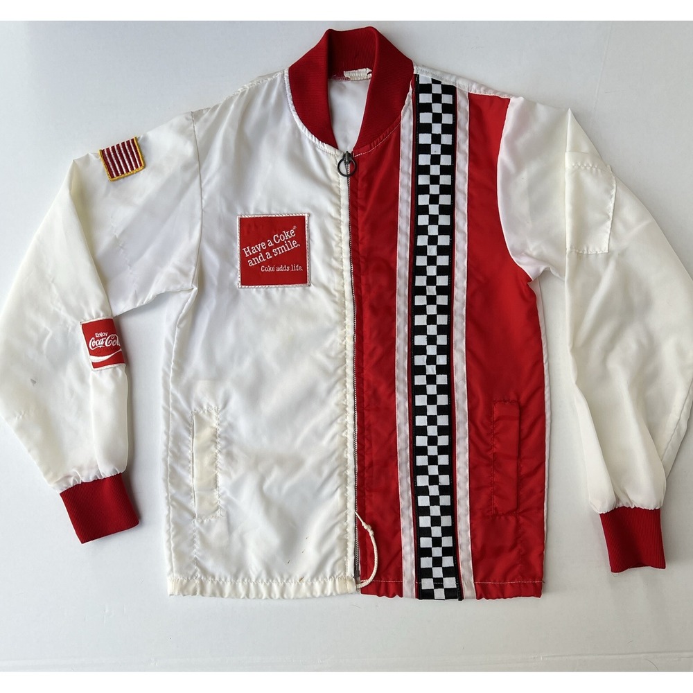 VTG 70s Coca Cola Racing Jacket Checkered Flag Nylon Coke Is It USA Mens M - Picture 2 of 16